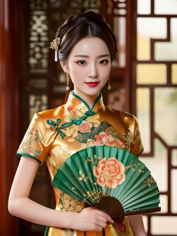 woman 25 years old,Plump figure, firm flesh, I pulled my hair up into a ponytail., Chest circumference 36 inches,In a black and gold dress Various action poses, Cheongsam, Chinese dress, Chinese style, Chinese dress, traditional chinese, with ancient Chinese clothes, traditional chinese clothing, blue silk clothes, black and red, Wear a luxurious silk dress., Chinese woman, Tailoring a suit according to tradition, Dark gold clothing, Chinese girl, traditional outfit, wearing a red Cheongsam ภาพ 3D, 8k, High Definition Anime