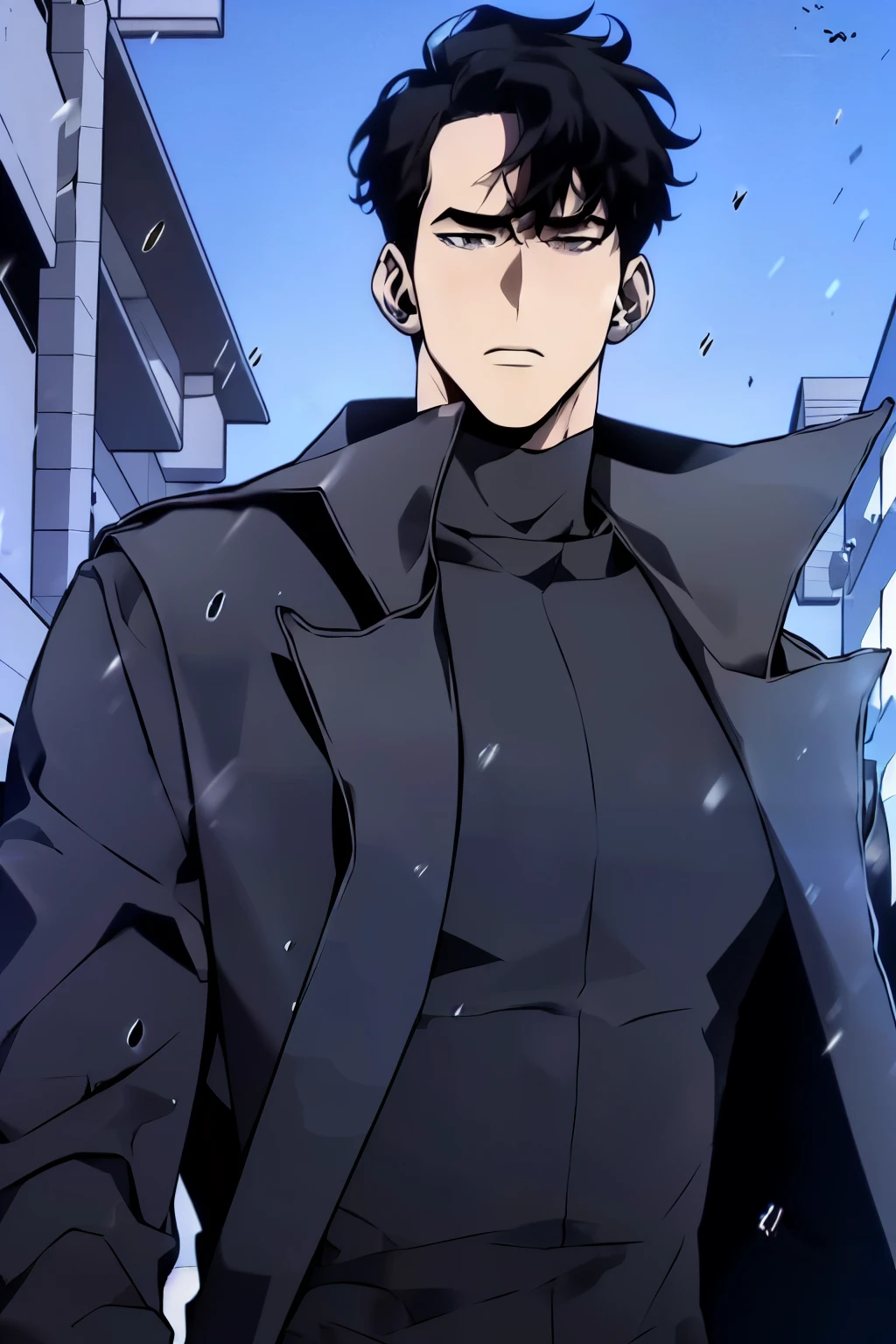 ((1 Adult man, 40 years))), ((Black Short Hair)), ((grey eyes)), black turtleneck, military камуфляж, black trousers, Black background, Large assembly, Pumped up body, good anatomy, (Detailed eyes, Even the eyes), serious look, serious expression, Dynamic pose in camouflage raincoat, military, scars on the body