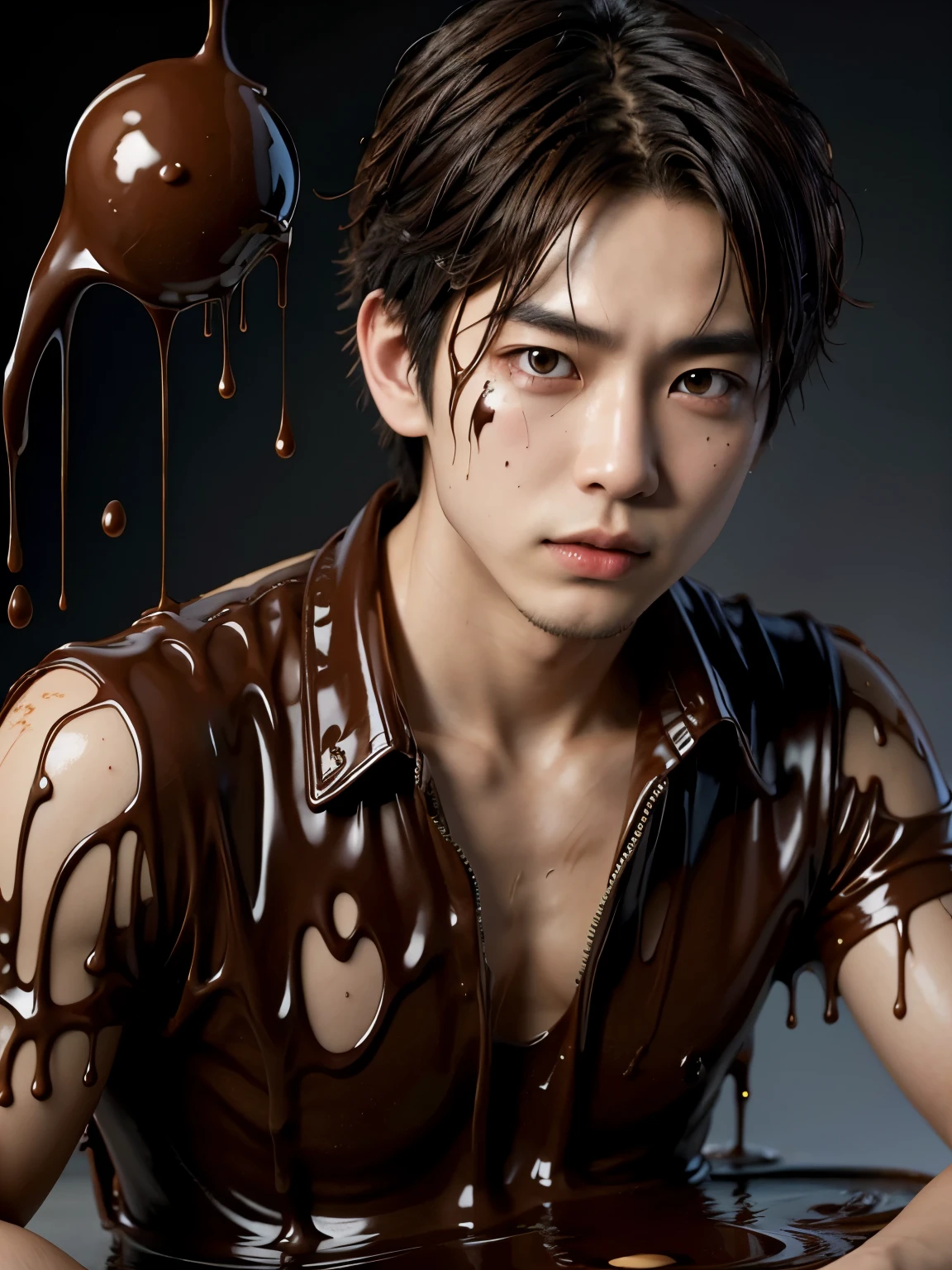 (high quality), (masterpiece), (detailed), 8K, Hyper-realistic illustration depicts (Japanese boy1.3) with striking features, dressed in (melted chocolate attire1.2) that appears to be dripping down his (upper body1.2). In style of Takashi Murakami, trending on Artstation.