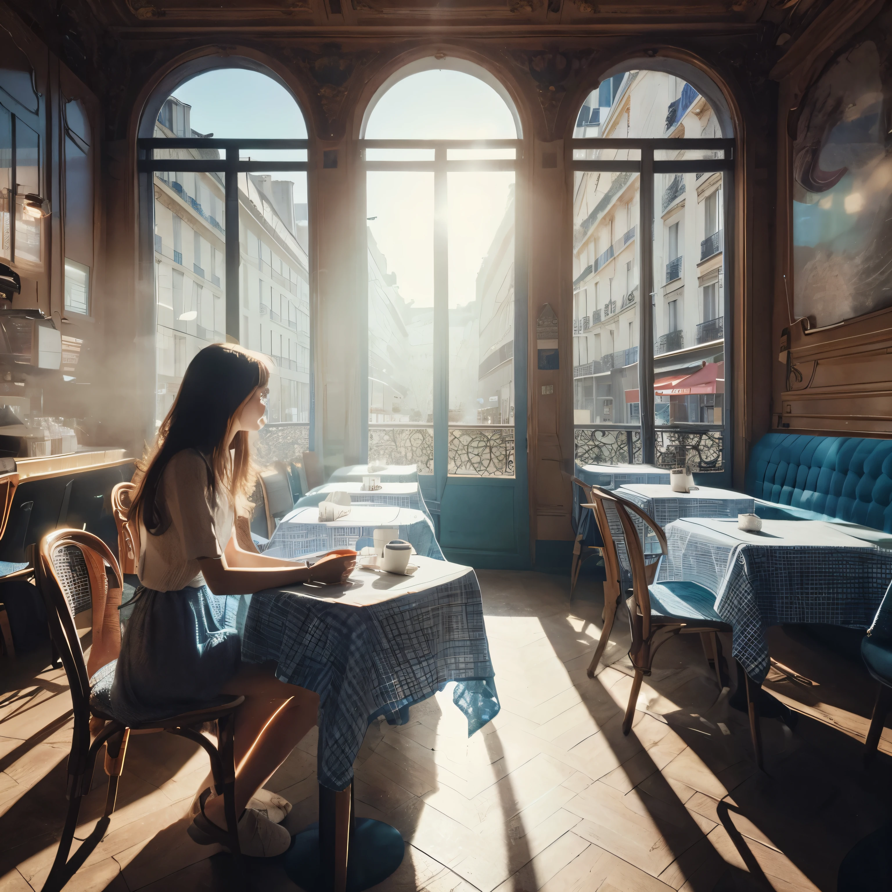 Mood photo for advertising, a  girl sitting inside a cafe, at a coffee table with blue-white-patched table cloth, Close-up selfie, in paris, morning sunshine from window, photorealistic, selfie 