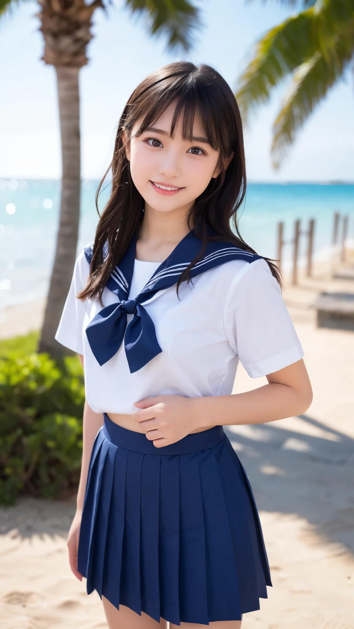 (best quality, 8k, 32k, masterpiece, UHD:1.2), (RAW photo), (realistic), (photorealistic:1.2), (high resolution), huge filesize, ultra-detailed, extremely beautiful face & eyes, perfect double eyelid, 1girl, japanese elementary school student,14yo, 13yo, 12yo, round small face, baby face, thin waist, beautiful belly skin, large breasts, slim proportions, perfect thin thighs, small butt, (darkblue pleated mini skirt, japanese sailor, sailor fuku, serafuku, japanese school sailor suit, sailor red neckerchief), nice hands, perfect hands, accurate hand depiction, sweaty, shy smile, pure white teeth, from below, (blue sky, summer, sun, beach, palm tree, outdoors), portrait photography,
