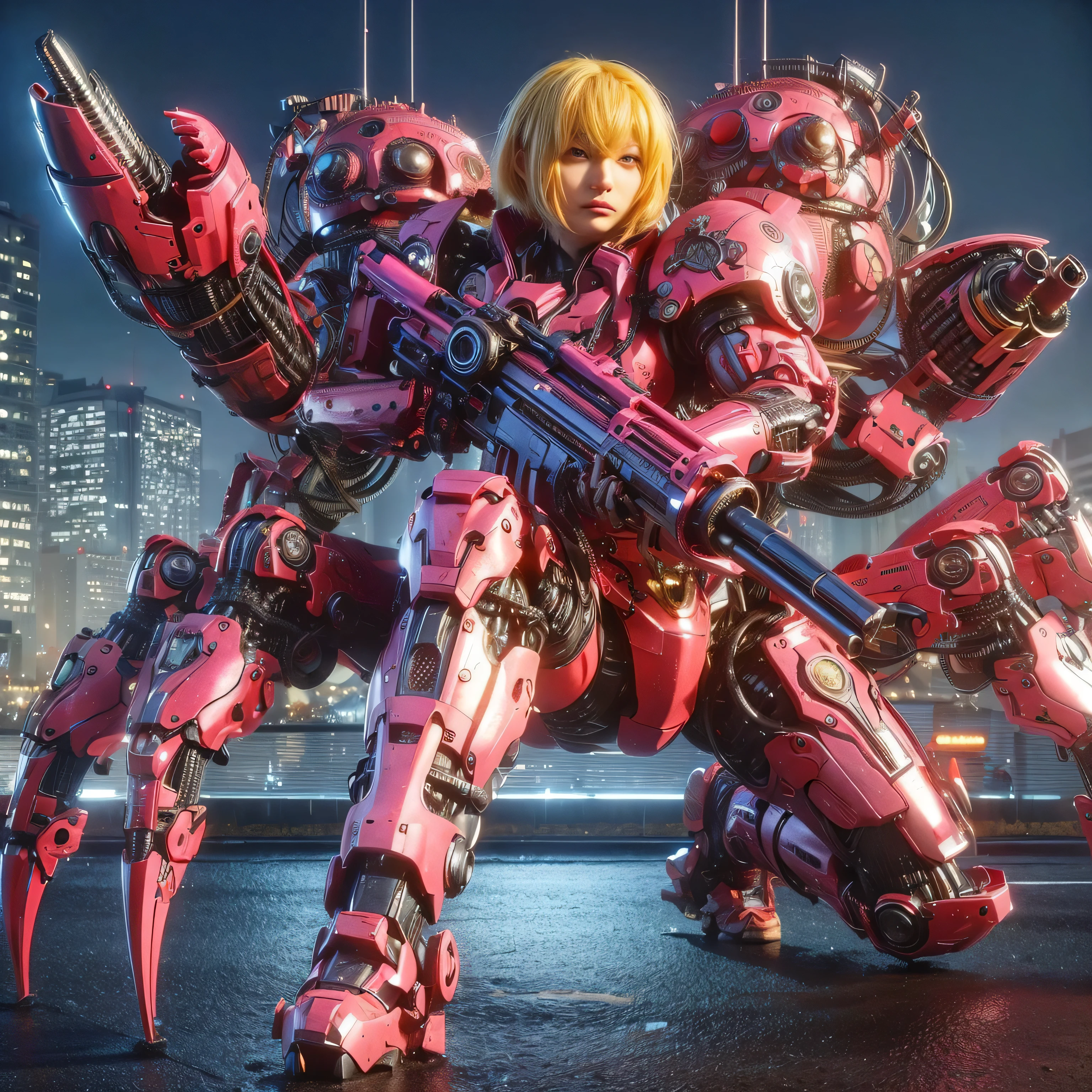 (top-quality:1.2, masterpiece), ultra high resolution, (Photorealsitic:1.4),, (bird-type mechanical heavy armor), (mechanical armor:1.3), light red base with silver and bronze accent, 1 Japanese female soldier, extremely realistic face, (blue hair), ((ultimately intricate all details)), (whole body picture), realistic shadow, octan render, 8K, ultrasharp, character edge light, Details of complex ornaments, Hydraulic cylinder, power cable, dystopia with a beautiful view at night,