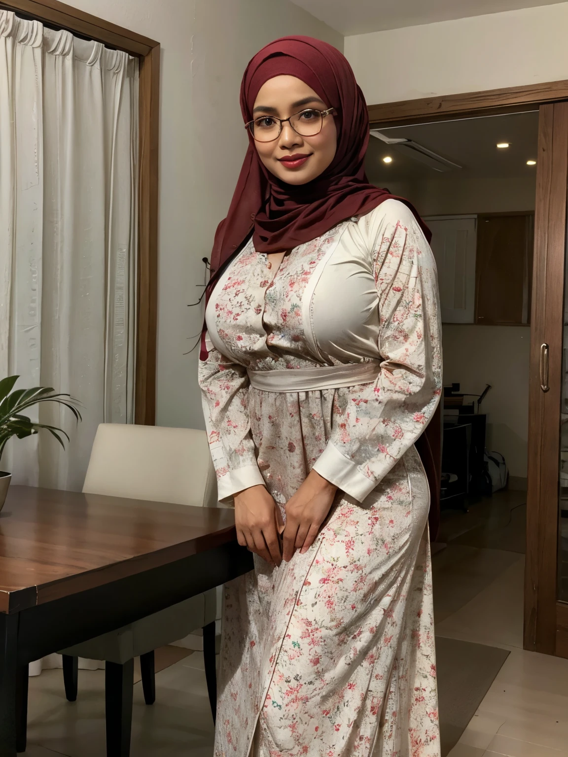 (double exposure), (full body photo), A gorgeous matured teacher stand behind white board,((50 year old)), ((malay women)), slightly curvy fit body shape, bigger ass, giga_busty, huge thighs, wearing ((fitted abaya muslim long dress)), ((hijab)), smirk on camera, indoor,door,islamic style,arabic calyraphy,wall,,  pov, solo, single,  (SFW), texture, ultra high res, RAW, instagram LUT, masterpiece, best quality, ultra-detailed, ultra high resolution, RAW, 4k, (looking at viewer), extremely detailed eyes and face, (beautiful detailed nose), (beautiful detailed thigh), (beautiful detailed eyes), perfect body proportion, (looking at the camera),smirk, red lips, (she wear glasses)