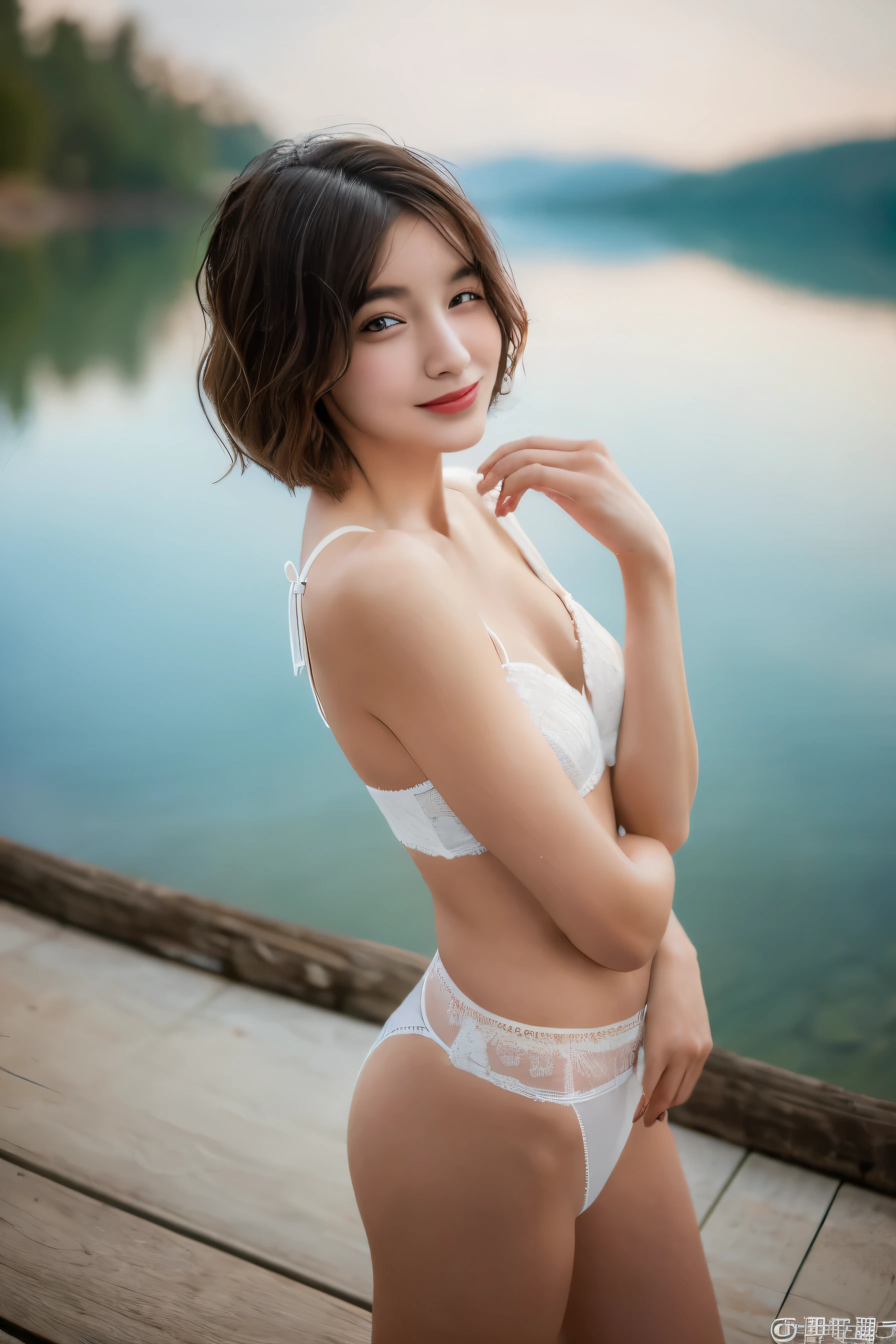 ((highest quality, 8k, masterpiece: 1.3)), A young woman with a string-thin body: 1.3, Small Bust: 1.2, Thin arms: 1.2, Thin legs: 1.2, White body: 1.1, Wet body: 1.5, Detailed and realistic eyes: 1.4, smile: 1.2,

Full shot of a person standing by the lake, She is wearing pure white sexy lingerie. Her underwear is decorated with frilly strings., Add a glamorous touch to her slim figure. Her short hair falls around her face、