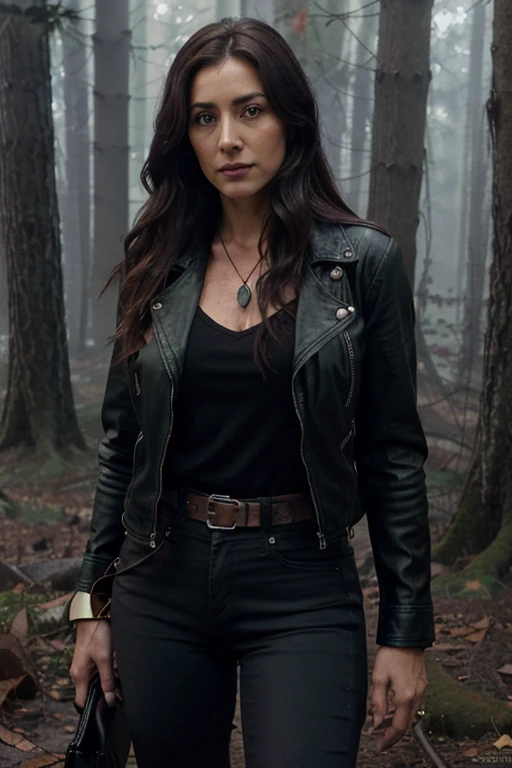 Alicia Coppola, Talia Hale, Teen Wolf, 40 years old, light black hair, long and messy, green eyes, open black leather jacket, reddish purple blouse, dark black jeans, black boots, wolf pendant, white wolf print. Forest background with fog aura around black color.