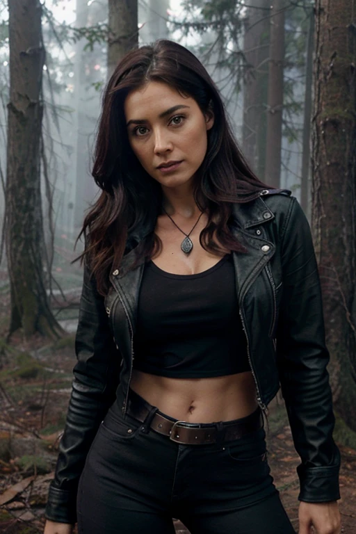 Alicia Coppola, Talia Hale, Teen Wolf, 40 years old, light black hair, long and messy, green eyes, open black leather jacket, reddish purple blouse, dark black jeans, black boots, wolf pendant, white wolf print. Forest background with fog aura around black color.