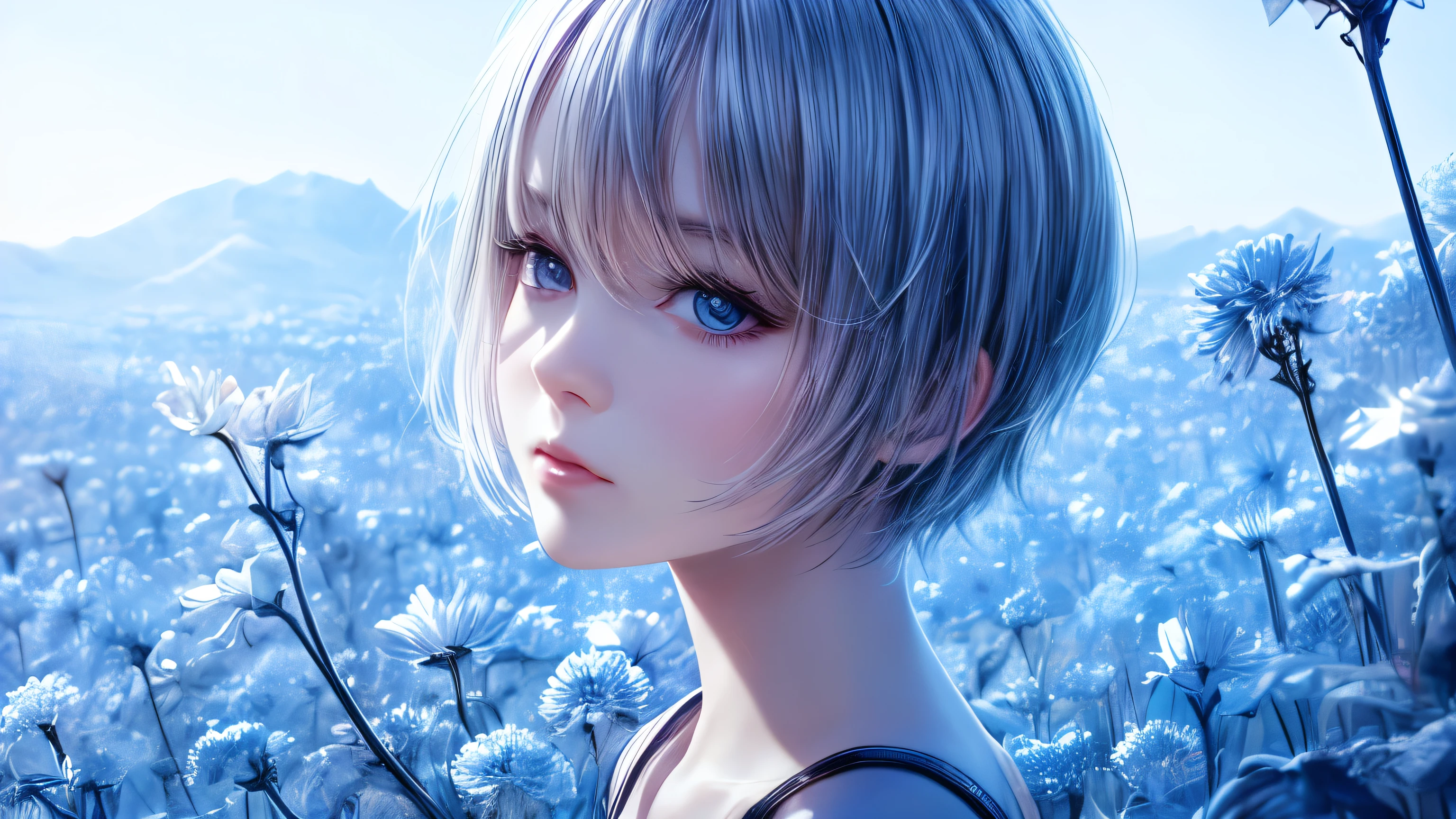 high quality,1 girl，short hair, Super detailed CG illustration of a young woman with a calm expression, Stare into the distance，His striking light blue hair blew gently in the desert breeze. The landscape behind him is vast and stunning, Taking viewers into a world of wonder and discovery.More ideas