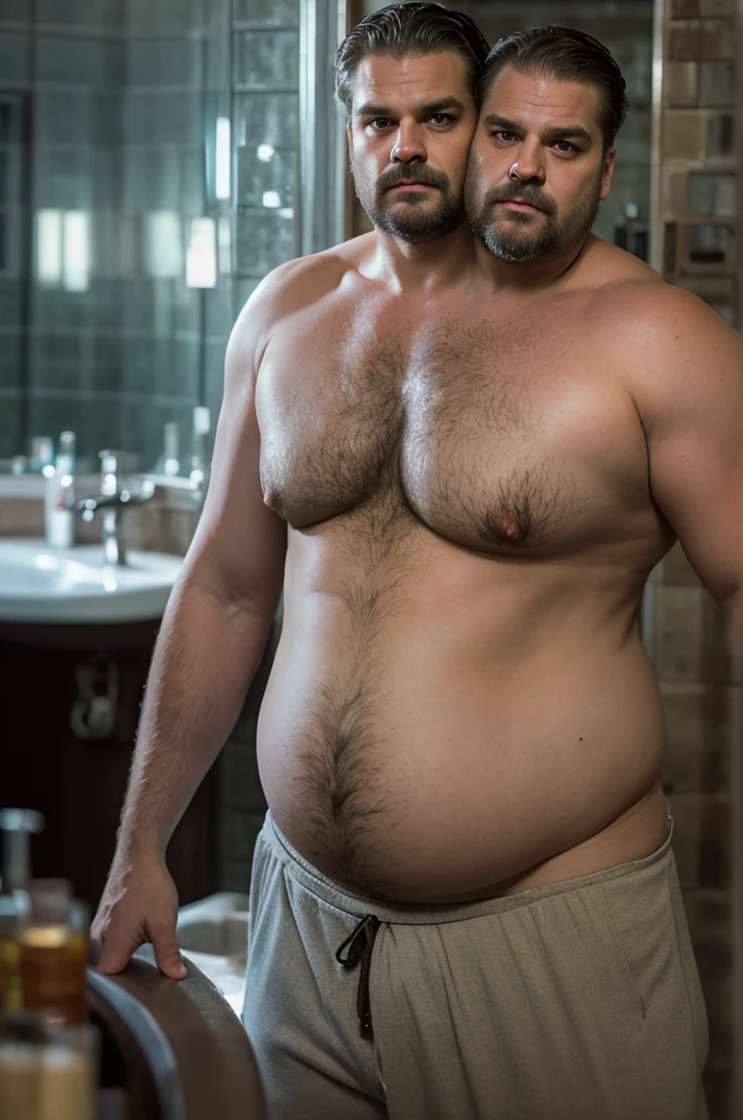 (((2heads))), ((identical twins)), 1man, david harbour, middle aged, older male, ((fat)), ((big belly)), ((obese)), hairy, ((shirtless)), navel, big nipples, towel around waist, body hair, big bulge, ((overweight)), dreamy atmosphere, dark cyan and red, i can't believe how beautiful this is, serene atmosphere, epic realistic, soft cinematic light, hdr, intricate, highly detailed, (depth of field:1.4), faded, (neutral colors:1.2), (hdr:1.4), (muted colors:1.2), hyperdetailed, (artstation:1.4), cinematic, dramatic light, (intricate details:1.1), bathroom mirror scenery, (rutkowski:0.66), (intricate details:1.12), hdr, (intricate details, hyperdetailed:1.15) (skin texture:1.2), detailed expressions, tired, frowning, expressive pose