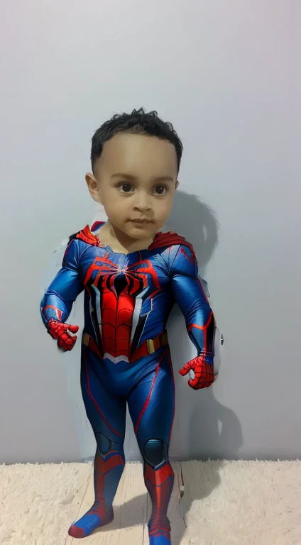 "Hyper-realistic painting of a 1-year-old boy wearing a Spider-Man costume with a mask, mostrando sua roupa de homem aranha. Impressive precision in high-resolution detail. (pintura, rosto, superhero outfit, alta qualidade)"