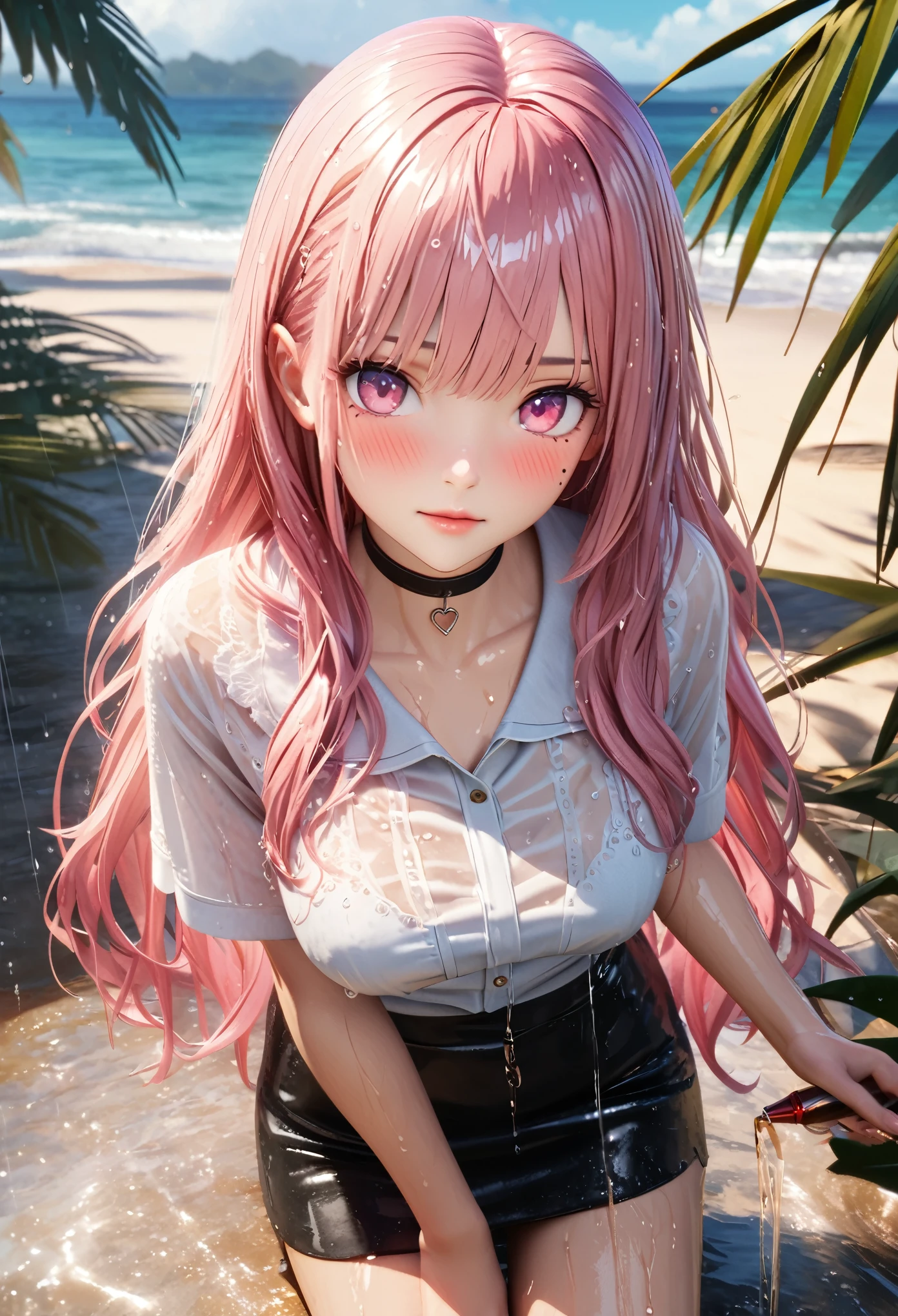 masterpiece, best quality, very detailed, high resolution, expensive resolution, high resolution, 4k, 8k, Unity 8k wallpaper, highly detailed CG, masterpiece, 2d, 3d, beautiful details, depth, fine texture, best quality: 1.3, fully focused, crispy skin, him,
Very cute anime girl, (sheer white blouse wet from pouring rain, miniskirt) (drenched and moist brown medium-long hair, rain dripping from hair), big breasts, expensive pink medium-long hair, pouring rain, soaking wet hair, soaking wet only daughter, palm trees, seaside, mole under eye, looking at viewer, expensive, blush, mole, lips open, heart, pink eyes, choker soaked from pouring rain