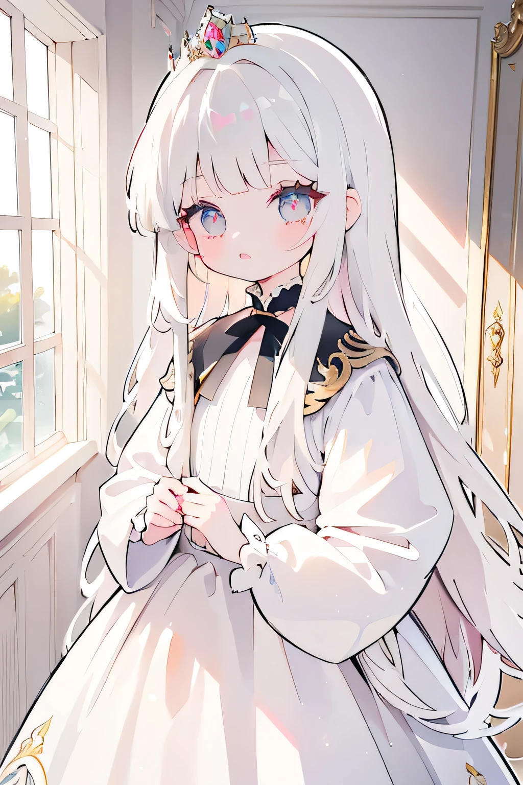 8K, (High Definition), (Dramatic), (Natural Light), (Petite), 1 girl, Flat chest, , Grey hair, Long hair, Beautiful hair, White clothing, Dress, Long bangs, tiara, White skirt, Absurdly long hair, (Straight hair), Hair between eyebrows, (Lolita), Gold decoration , light pink hair , white hair