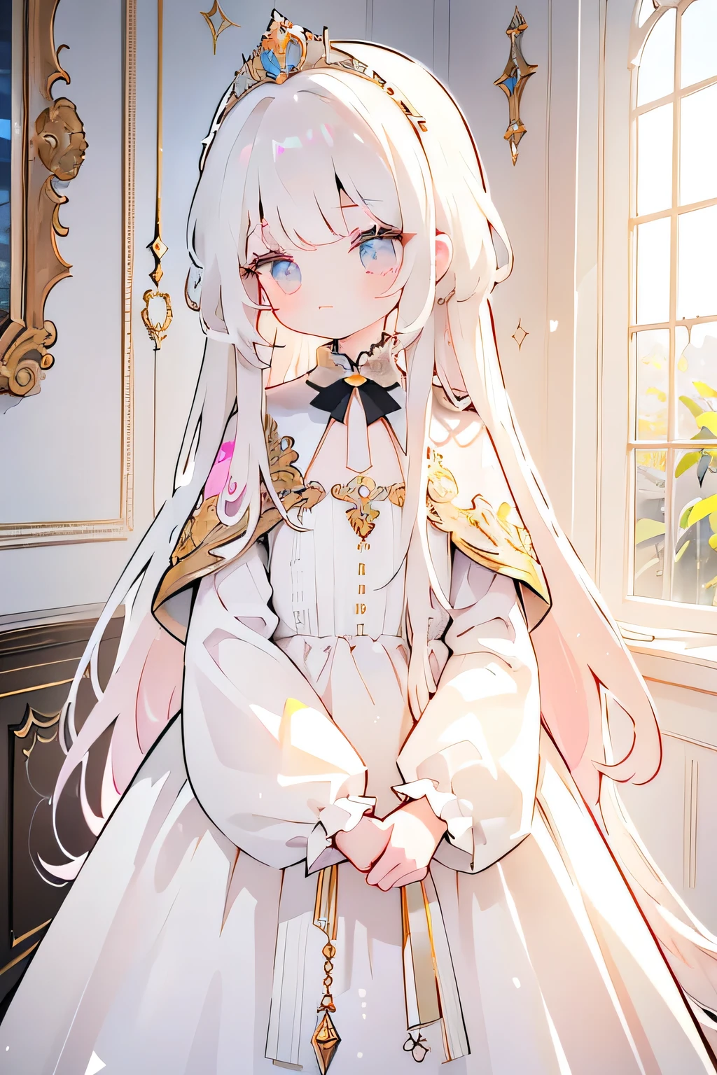 8K, (High Definition), (Dramatic), (Natural Light), (Petite), 1 girl, Flat chest, , Grey hair, Long hair, Beautiful hair, White clothing, Dress, Long bangs, tiara, White skirt, Absurdly long hair, (Straight hair), Hair between eyebrows, (Lolita), Gold decoration , light pink hair , white hair
