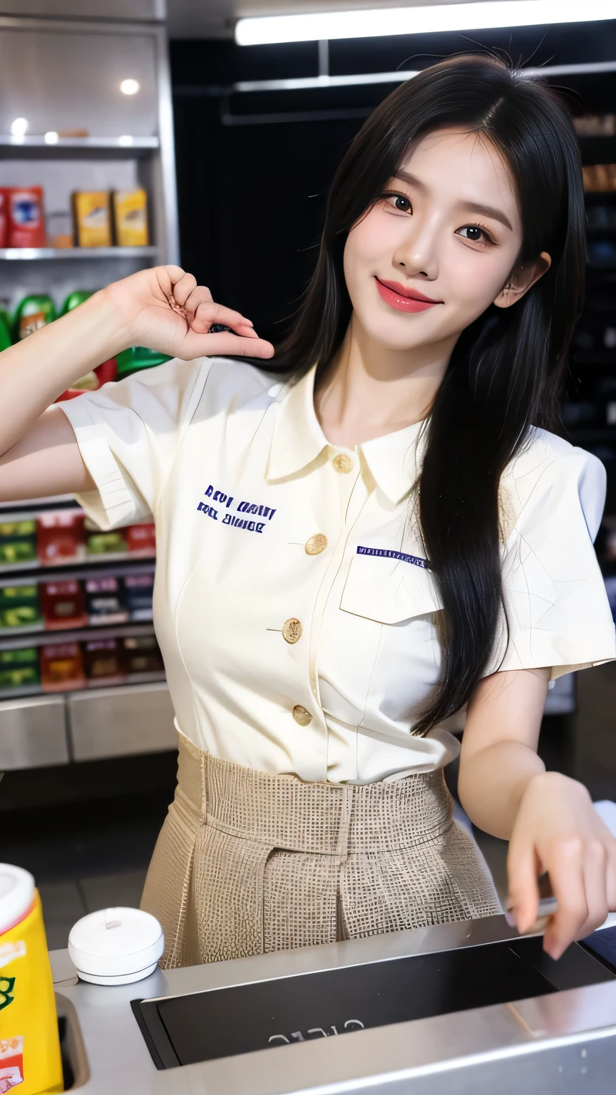 muste piece、High resolution、convenience store of the future、Convenience store clerk、16 year old female、１girl clerk、looking at the camera、smile、Finished as pictured、The cashier is also beautiful、Her skin is white and beautiful、short and beautiful hair、inner color、hair should be tied back、Clerk's uniform、