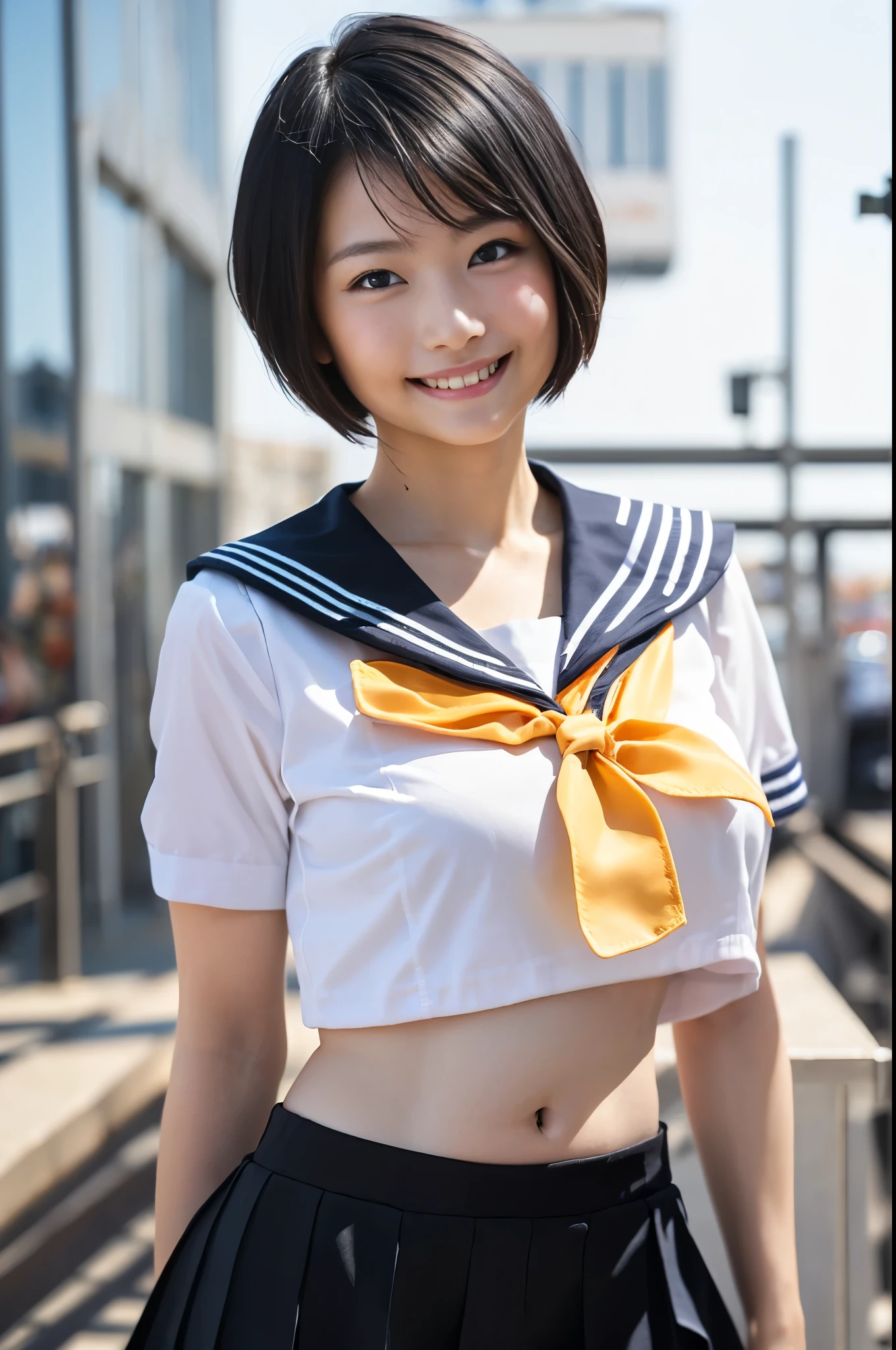 （8k、Raw photography、highest quality、masterpiece：1.2),(Black-haired、Very short hair:1.8),(:1.3)、View your viewers,Viewed from the front,White skin,(Sailor suit:1.6)、(Tight waist:1.6)、(Clothes that accentuate the shape of the breasts:1.0)、(Big Breasts :1.3)、Slim figure、Ultra-high resolution,beautiful,beautiful fece,(one person、No background:1.9),whole bodyボディー,Japanese women,（reality的：1.37）、Photon Mapping,reality、(Baby-faced and cute: 1.4)、(Cute Smile: 1.8)、(Round face: 1.8)、Radio City、Physically Based Rendering、Depth of field rally background、photograph, (I can see your knees、Thigh close-up:1.8),（:1.4）,whole body、Great quality