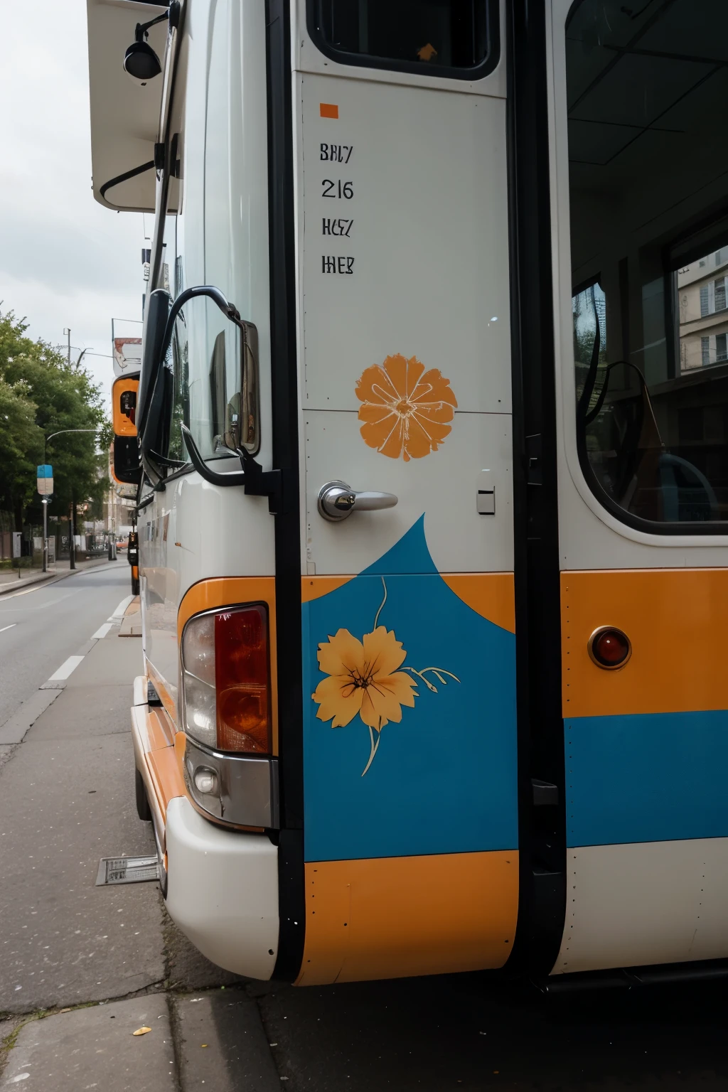 A sticker of a bus，The main color is orange，summer，Graffiti，English