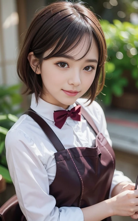 cute 21 year old japanese、apron, red bow tie、Waiter、Cafe、super detail face、pay attention to details、double eyelid、beautiful thin nose、sharp focus:1.2、Beautiful woman:1.4、(light brown hair,short hair、),pure white skin、highest quality、masterpiece、ultra high resolution、(Photoreal:1.4)、Highly detailed and professional lighting、nice smile、Carry dishes、Please show me your whole body、