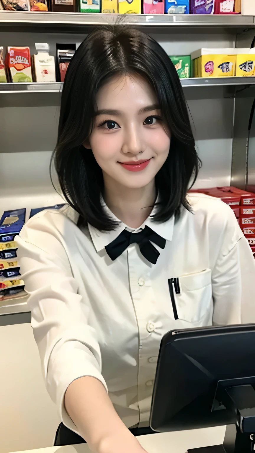 muste piece、High resolution、convenience store of the future、Convenience store clerk、16 year old female、１girl clerk、looking at the camera、smile、Finished as pictured、The cashier is also beautiful、Her skin is white and beautiful、short and beautiful hair、inner color、hair should be tied back、Clerk's uniform、