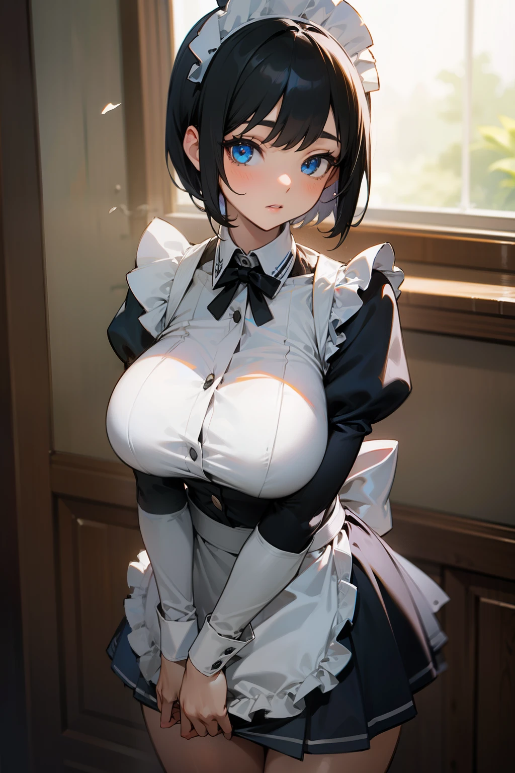Girl, short black hair, blue eyes, maid uniform, big breasts, short skirt