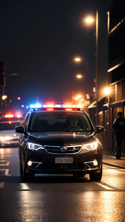 Japanese police cars are two-tone black and white、The red light stands out、Driving along a curvy road at night, Dynamic image of a siren sounding、Looking down on、Shooting from an angle、Images that convey movement、The background is dim and faint