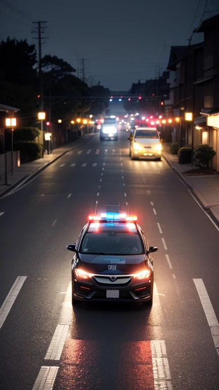 Japanese police cars are two-tone black and white、The red light stands out、Driving along a curvy road at night, Dynamic image of a siren sounding、Looking down on、Shooting from an angle、Images that convey movement、The background is dim and faint