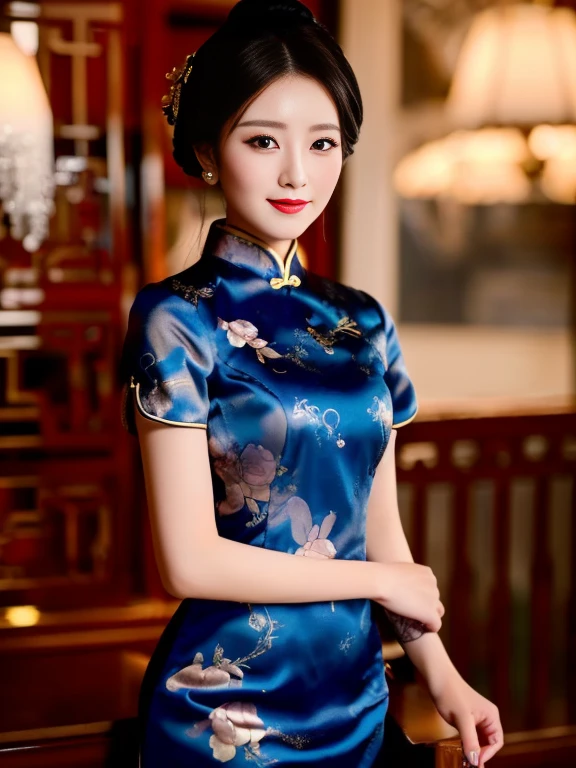 woman 25 years old,Plump figure, firm flesh, I pulled my hair up into a ponytail.,  Chest circumference 36 inches,In a black and gold dress Various action poses, Cheongsam, Chinese dress, Chinese style, Chinese dress, traditional chinese, with ancient Chinese clothes, traditional chinese clothing, blue silk clothes, black and red, Wear a luxurious silk dress., Chinese woman, Tailoring a suit according to tradition, Dark gold clothing, Chinese girl, traditional outfit, wearing a red Cheongsam ภาพ 3D, 8k, High Definition Anime