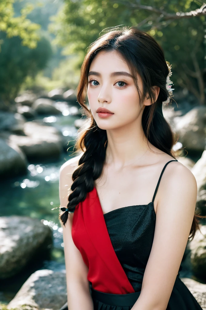 Samia, girl, solo, shirt, looking at you, face, perfect, flowers, high quality, radiant, knight, godly, red shirt, red velvet, water, ocean, lotus