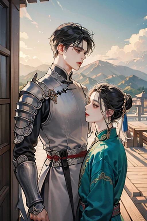two young men in chinese armor and helmet walking down a path with mountains in the background, from Shanhe Ling, still from a television series, still from a fantasy series, the rider carries a large ancient chinese sword, scene from live action series, the great wall, alessio albi and shin jeongho, mongol, film still dnd, chinese armor, wuxia, martial arts armor, jianghu