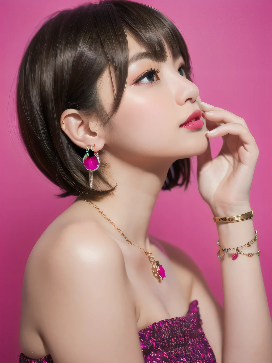 masterpiece, highest quality, (short hair, bangs, close:1.5), Hiccup, RAW Photos, Absurd, Delicate girl, (Beautiful Face, View Viewer, Sophisticated, Side Shot:1.4), Arched back, , 8k, Digital SLR, (Pink bandeau dress、,, Dark red eyeshadow, reddish pink lips:1.2), Bokeh, Shapely small breasts、, (Thin arms, Narrow waist:1.2), Skin with attention to detail, necklace, bracelet, Earrings, Face Light, Vivid lighting, Bright lighting, Film Grain, chromatic aberration, Simple Background
