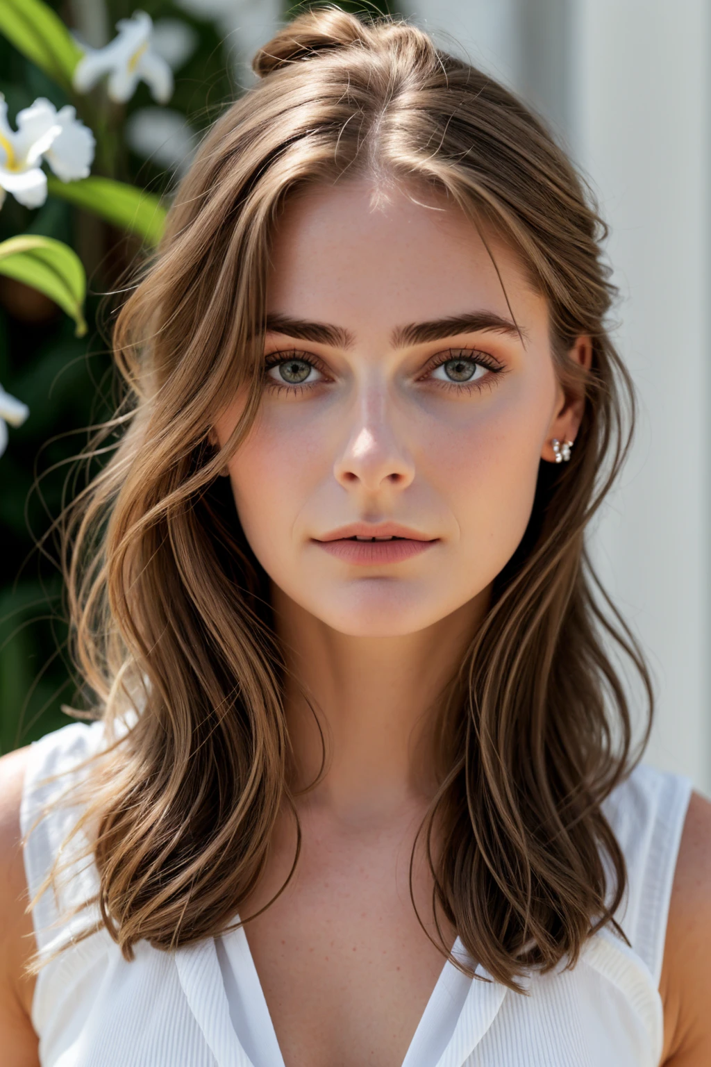 1 personne, (Realistic:1), cheveux bruns, cheveux longs, cheveux chatain clair, yeux marrons clairs, bouche pulpeuse, regard coquin, regard face caméra, chemisier, jupe, Summer, grosse poitrine naturelle, 95 E, pierced nipple, iris, heureux