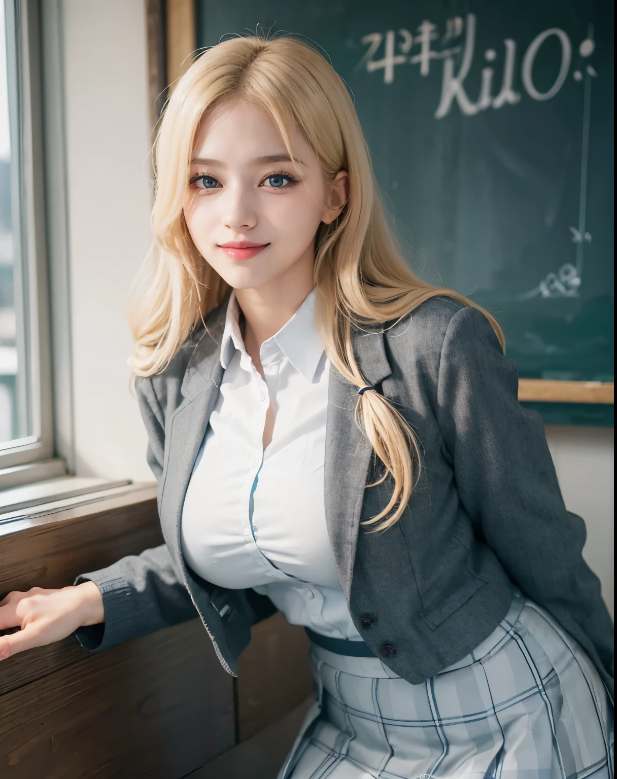 1girl, (Blue Eyes), (smiling :1.2), (Sana Minatozaki), (beautiful makeup :1.2), wide hips, big tits, big ass, (Best Quality, 8k, Masterpiece: 1.3), Clear Focus: 1.2, Perfect Body Beauty: 1.4, strong abs, Highly detailed face and skin texture, detailed eyes, double eyelids, (blonde long hair :1.2), (white dress shirt :1.2), (gray school blazer), (plaid skirt), ((japanese school uniform)), ((schoolgirl :1.3)), standing, bent over showing her tits, in a japanese school, blackboard in the background