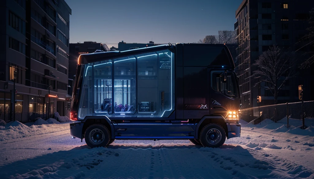 a highly detailed glass 4D box, tractor-trailer semi truck, snow, 5D clear illuminescent glass, inglazing, glowing blue and red, deepbeveling, beveling, mirroring, bright purple gems inside, sunset at golden hour, reflection, photorealistic, 8k, masterpiece, concept art, hyper detailed, cinematic lighting, dramatic colors