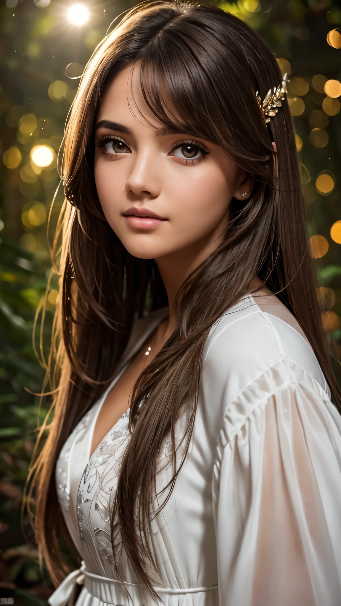 A close up of a woman with long hair wearing a white dress - SeaArt AI