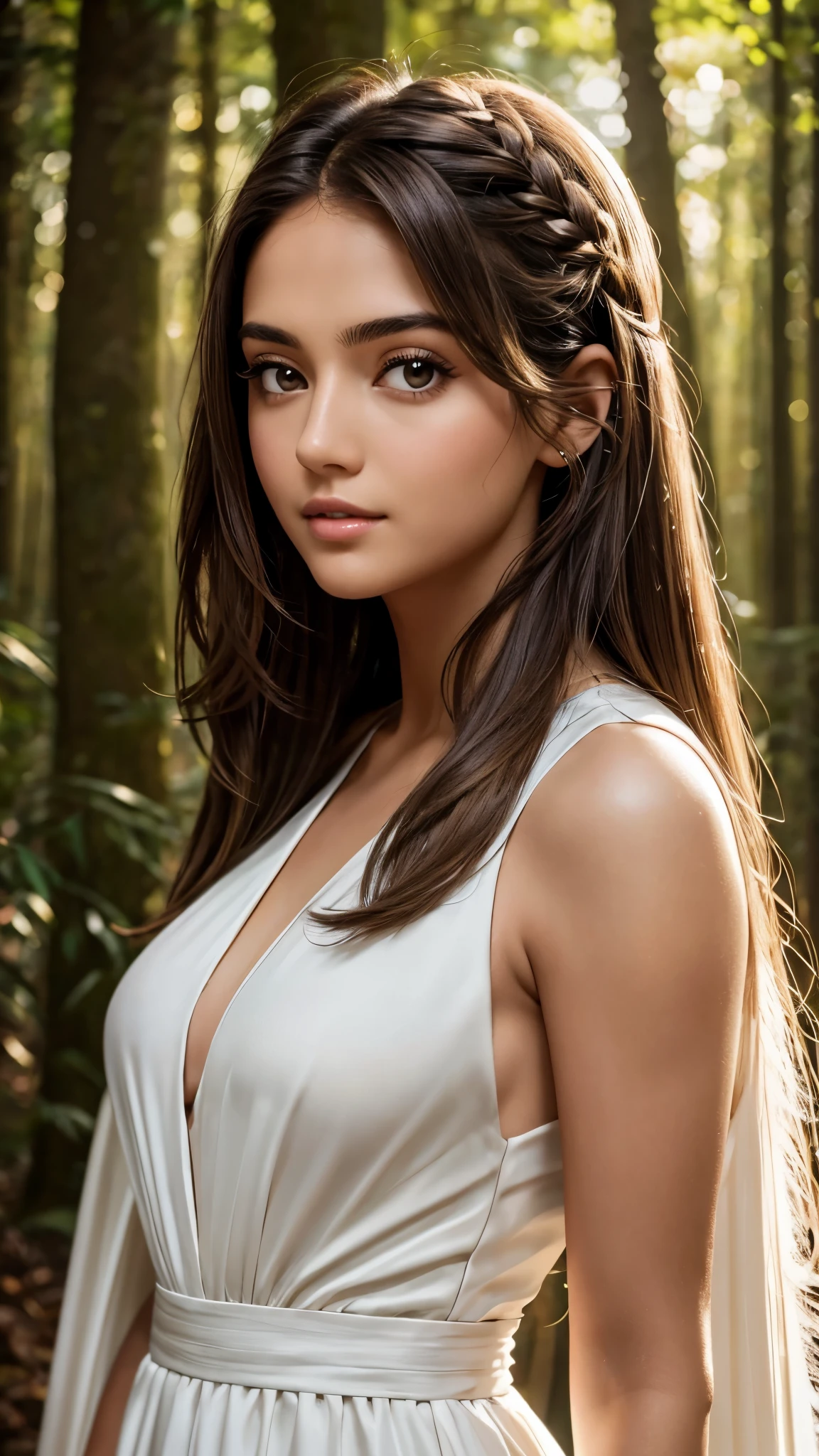 Female angel type latin girl with brown eyes and long hair in elegant white dress in a night forest close up face photo shoot