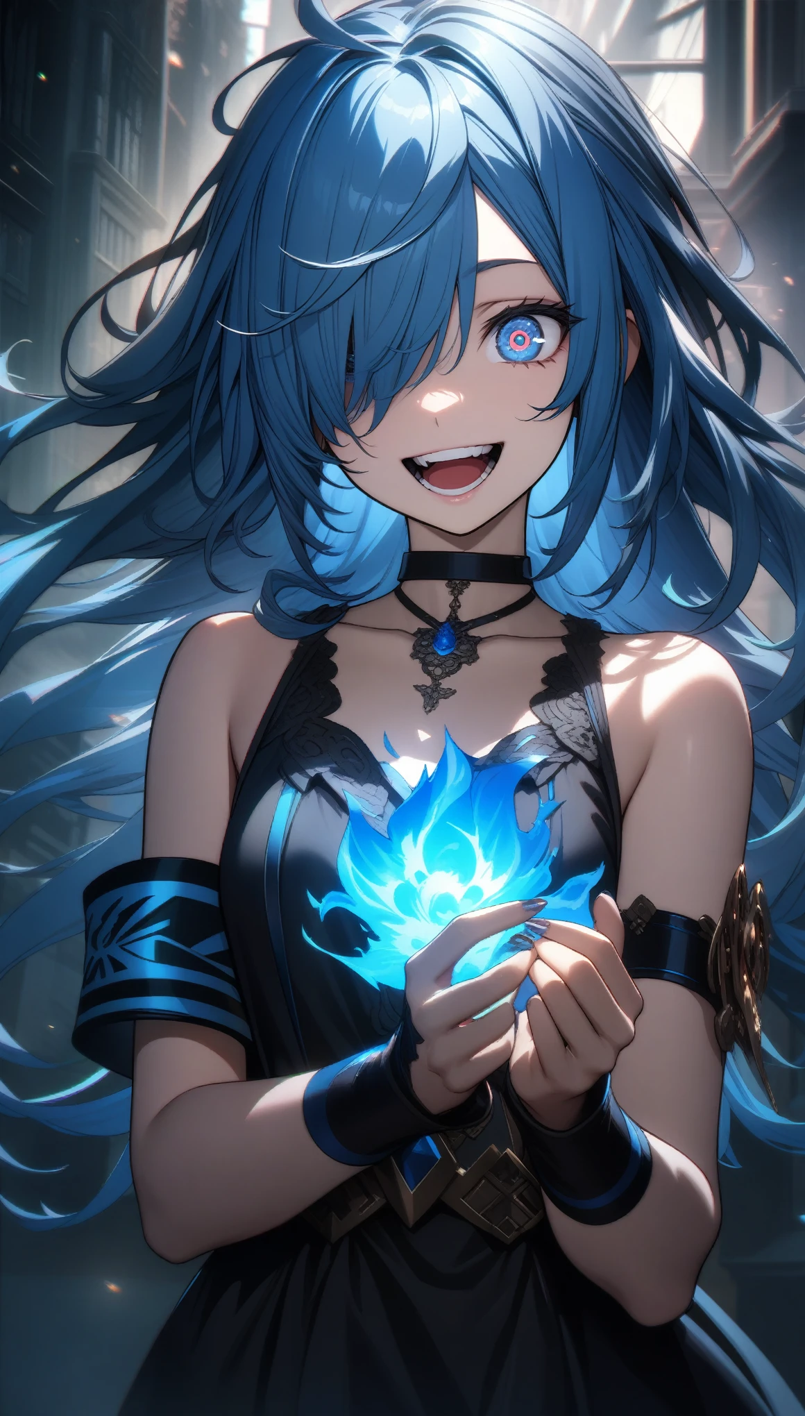 32k, best quality, ultra high res, HDR, UHD, extremely detailed CG, unity 32k wallpaper, highest quality, Intricate details, chromatic aberration, One girl, Long Hair, Blue Hair, Messy Hair, Blue Highlights, Hair on one eye, blue eyes, Sharp eyes, choker, Armband, Laugh eerily, With blue flames in my hands,