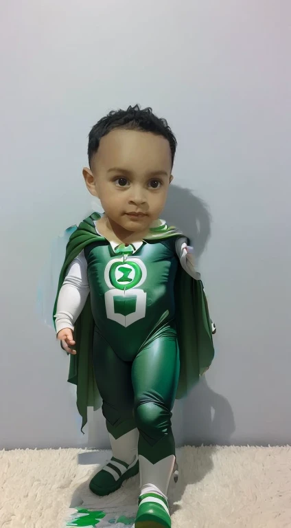 "Hyper-realistic painting of a 1--old  wearing a green lantern costume with mask, mostrando sua  roupa de lanterna verde. Impressive precision in high-resolution detail. (pintura, rosto, superhero outfit, alta qualidade)"