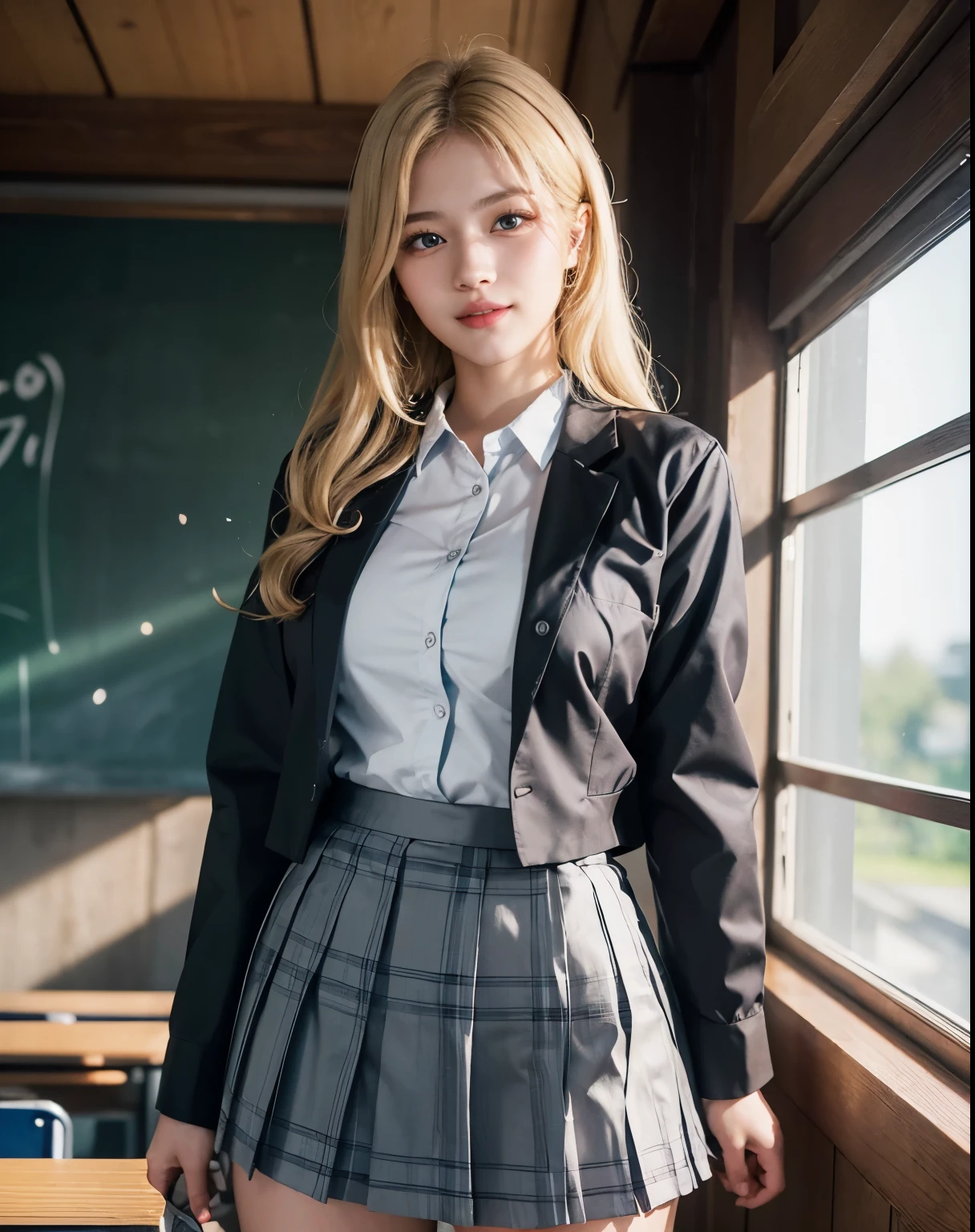 1girl, (Blue Eyes), (smiling :1.2), (Sana Minatozaki), (beautiful makeup :1.2), wide hips, big tits, big ass, (Best Quality, 8k, Masterpiece: 1.3), Clear Focus: 1.2, Perfect Body Beauty: 1.4, strong abs, Highly detailed face and skin texture, detailed eyes, double eyelids, (blonde long hair :1.2), (white dress shirt :1.2), (gray school blazer), (plaid skirt), ((japanese school uniform)), ((schoolgirl :1.3)), standing, bent over showing her tits, in a japanese school, blackboard in the background