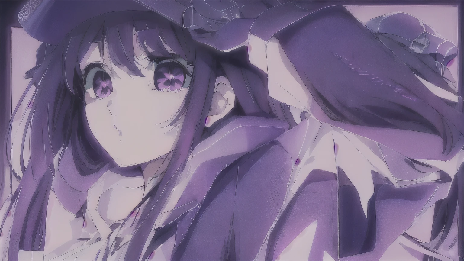anime girl with long black hair and purple eyes wearing a hat, close up iwakura lain, anime visual of a cute girl, hinata hyuga, close up of lain iwakura, anime moe artstyle, gapmoe yandere, anime best girl, bakemonogatari, iwakura lain, anime still image, anime portrait of shiina ringo
