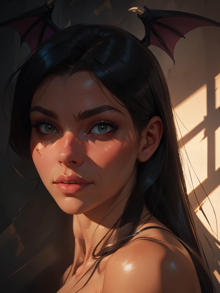 Realistic oil paint of Morrigan Aensland, detailed skin Textures, intricate, detailed face, hyperrealistic, realistic light and shadows , cinematic lighting.