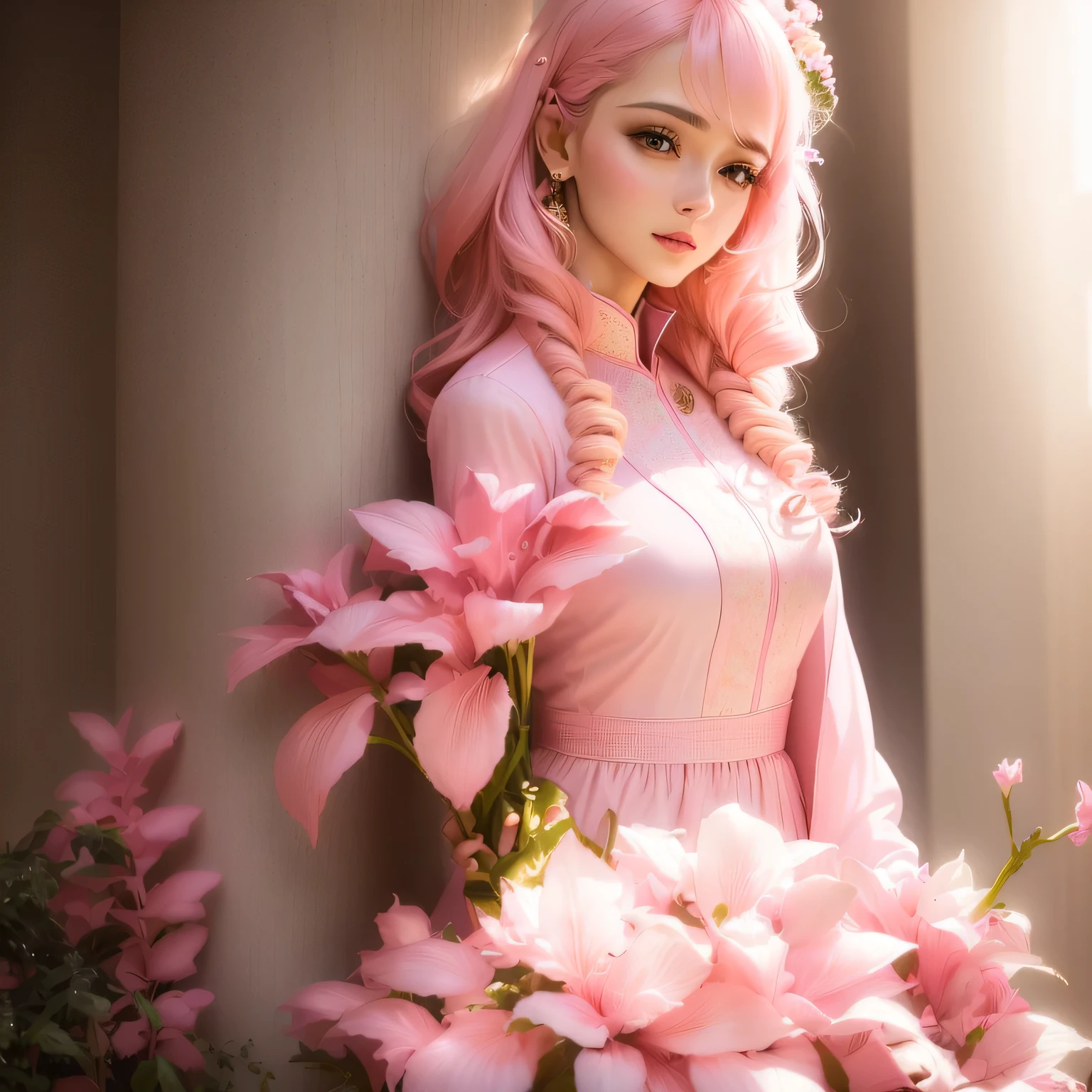 there is a woman standing next to a potted plant, full body photogenic shot, candid picture, wearing a pink dress, posing!!, pink, wearing a silk kurta, white and light-pink outfit, wearing a light - pink suit, with lovely look, photo taken on a nikon, pink clothes, white and pink, dressed in a pink dress
