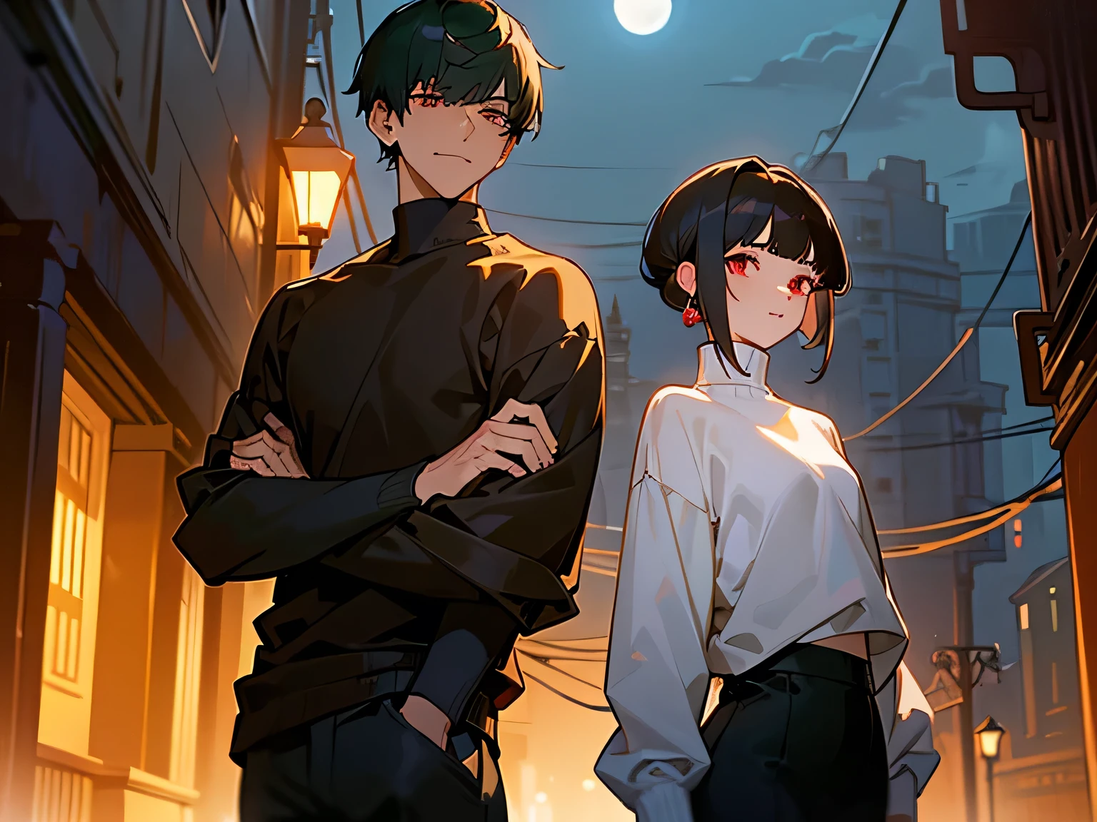 masterpiece, detailed, girl and male at an night alley ,  ( 1 girl and 1 male:1.3 ) , girl and male focus , darkgreen hair male , male has heavy bangs , ( short length under cut hairstyle male:1.3 ) , chignon hairstyle girl , ( girl with brown color single chignon hairstyle:1.1 ) , girl with blunt bangs, oversized wear, male wearing white tight turtleneck , ( girl wearing white sweatshirt:1.1 ) , ( male wearing a lot of earings ) , deep-red eye , expressionless girl, smile male , ((The background of the night alley with moonlight ))