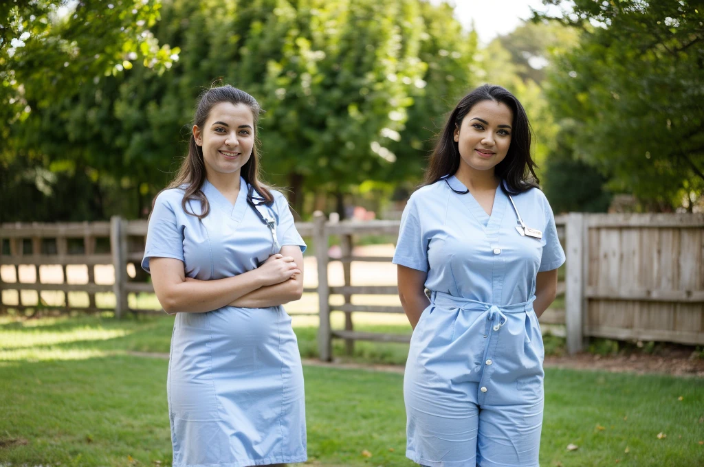 a 20 year old woman in a sexy nurse uniform open at the top, posing leaning on a fence, labcoat, sunny park background, side boob, healthcare worker, inspired by Elsie Few, thic, dark brown long hair, , large breasts, smiling, full body view from head to feet, realistic hands