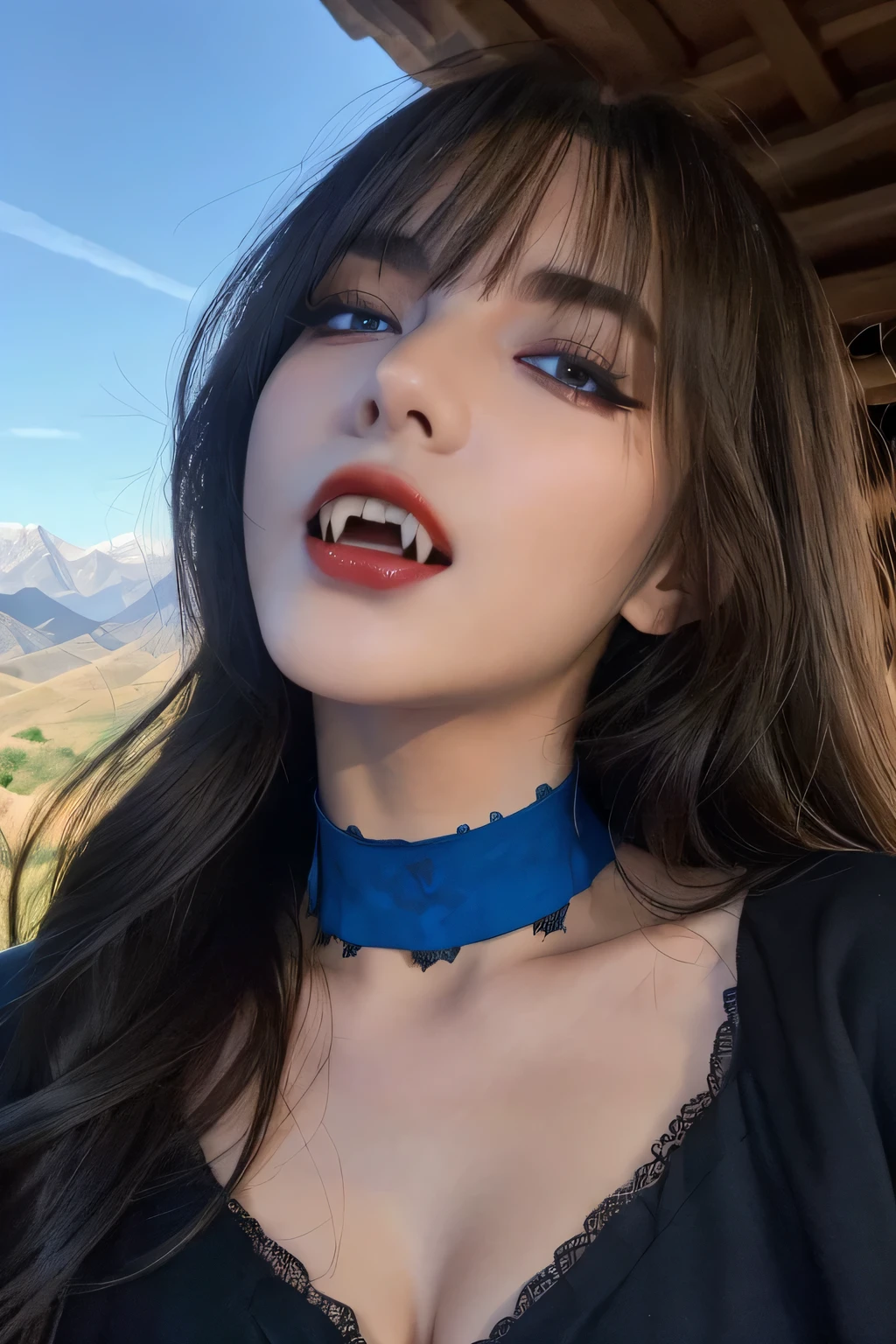 (highest quality, masterpiece:1.3), (Very detailed), RAW shooting, Very detailed, High resolution, Human skin close-up, The skin texture is natural, It must be detailed enough to be easily identifiable, Skin should look healthy and have an even tone, Use natural light and color, ((Romanian national costume)), ((Mountain, blue sky, the body is slim)), 1 girl, 18-year-old, Long Hair, smile, Turn your body forward, (View from the front:1.1), Looking into the camera, Brown Hair, ((Black choker)), Very long eyelashes, blue eyes, bangs, (Outdoor, blue sky), Big Breasts, Red lips、((Vampire Fangs)), Fantasy, Open your mouth, ((Cowboy Shot))
