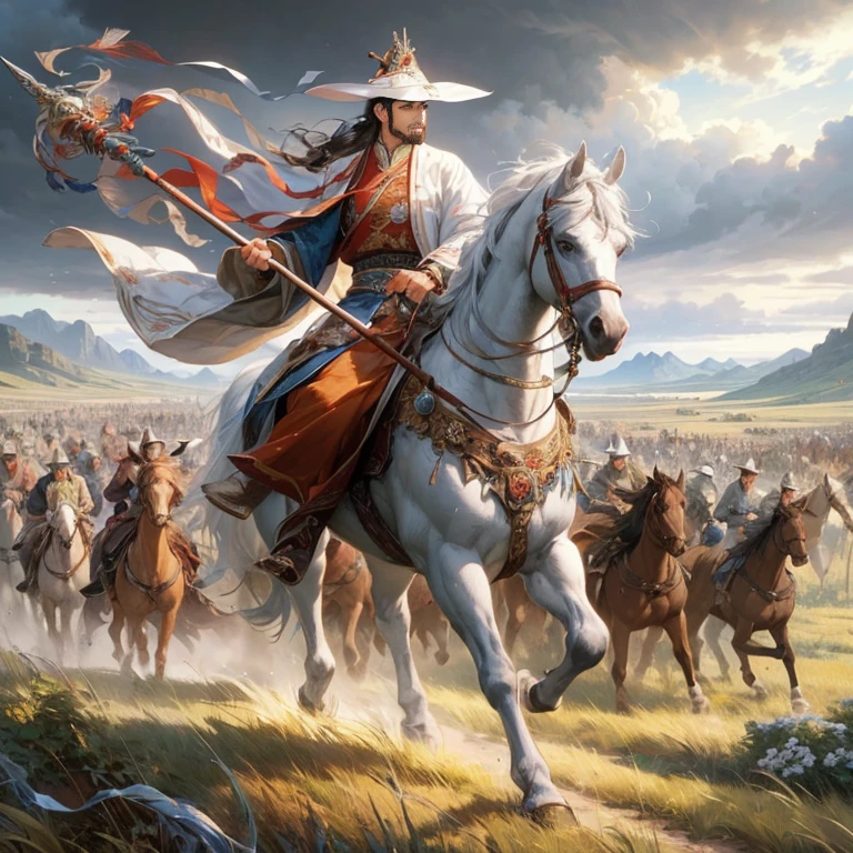 (Masterpiece:1.2), (Best Quality:1.2), (high resolution:1.2), (beautiful face and eye:1.2), (sharpest focus:1.2), (Ultra-realistic Photo:1.2), (Ultra-precise Photo:1.2), (Depth of field:1.2), (perfect ???????:1.2), 
(nice hands:1.2), (perfect hands:1.2), (five fingers:1.2),(Young, fearless, beautifully shaded Chinese man:1.0), (White Western-style cape and cloak:1.0), (White armor with red, blue, and yellow insertions:1.0), 
(Beautiful Chinese warrior on horseback with spear raised high and majestic:1.0), (Neatly trimmed short beard and tied hair:1.0), (Undulating prairie filled with horses:1.0) (ornately decorated long spear with serpentine blade:1.0), 
(melancholy expression:1.0), (beautiful mounted figure:1.0), 