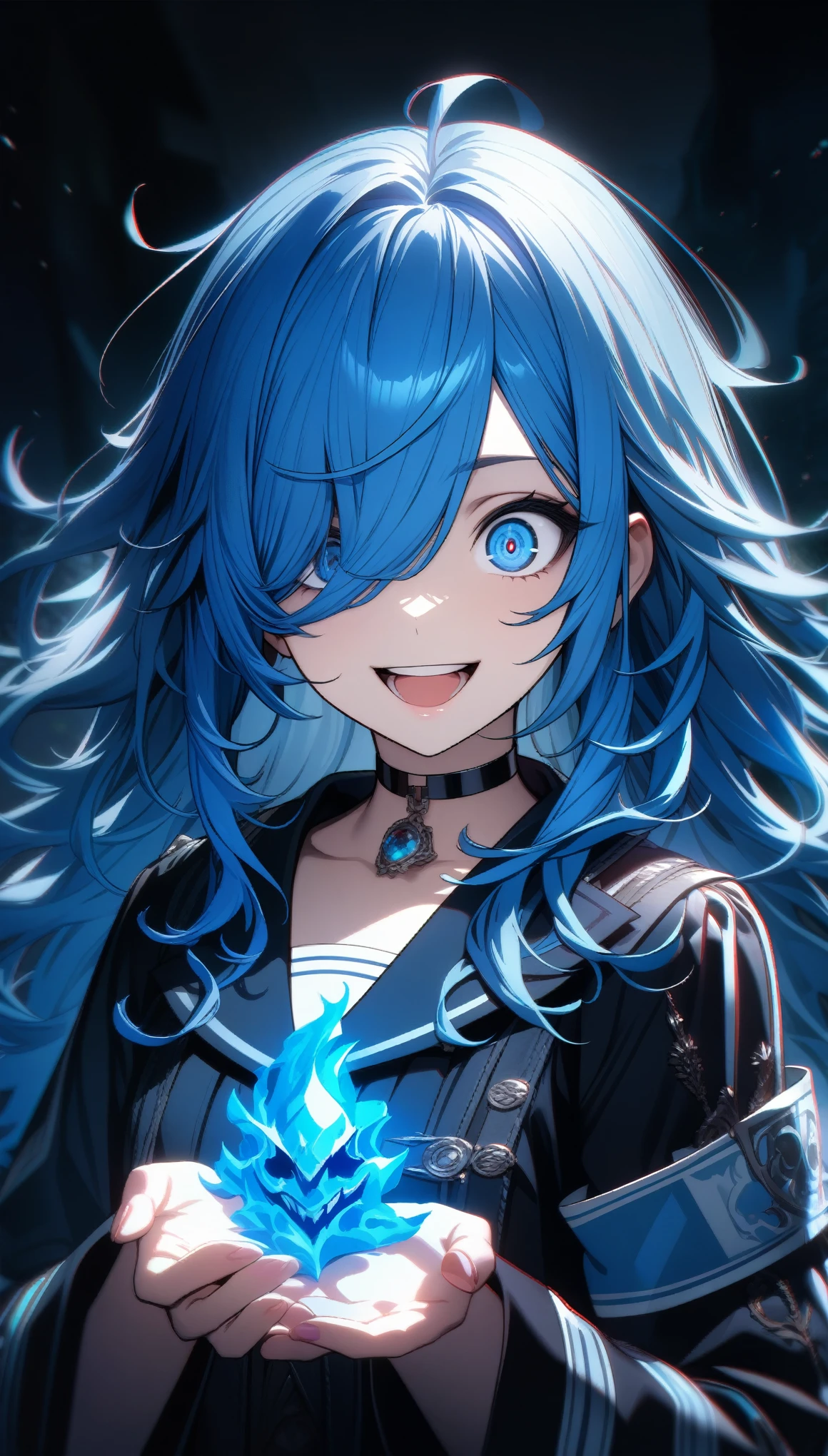 32k, best quality, ultra high res, HDR, UHD, extremely detailed CG, unity 32k wallpaper, highest quality, Intricate details, chromatic aberration, One girl, Long Hair, Blue Hair, Messy Hair, Blue Highlights, Hair on one eye, blue eyes, Sharp eyes, choker, Armband, Laugh eerily, With blue flames in my hands,