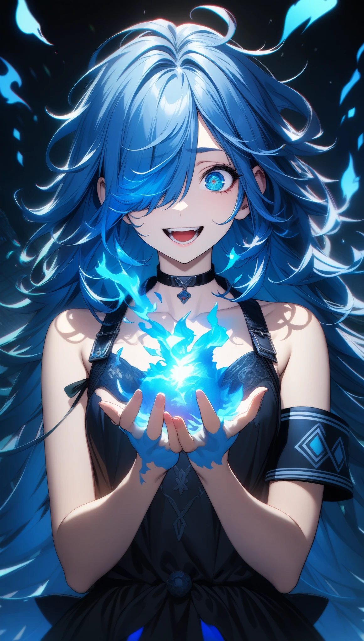 32k, best quality, ultra high res, HDR, UHD, extremely detailed CG, unity 32k wallpaper, highest quality, Intricate details, chromatic aberration, One girl, Long Hair, Blue Hair, Messy Hair, Blue Highlights, Hair on one eye, blue eyes, Sharp eyes, choker, Armband,   Laugh eerily, With blue flames in my hands, 