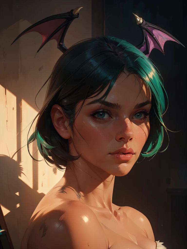 Half Body Realistic oil paint of Morrigan Aensland, detailed skin Textures, intricate, detailed face, hyperrealistic, realistic light and shadows , cinematic lighting.