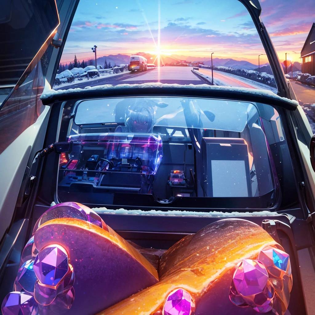 Snow, 5D Clear illuminescent glass, tractor-trailer semi truck, inglazing, glowing blue red, deepbeveling, beveling, mirroring, bright purple gems inside, sunset at golden hour, reflection, all inside a glass 4D box