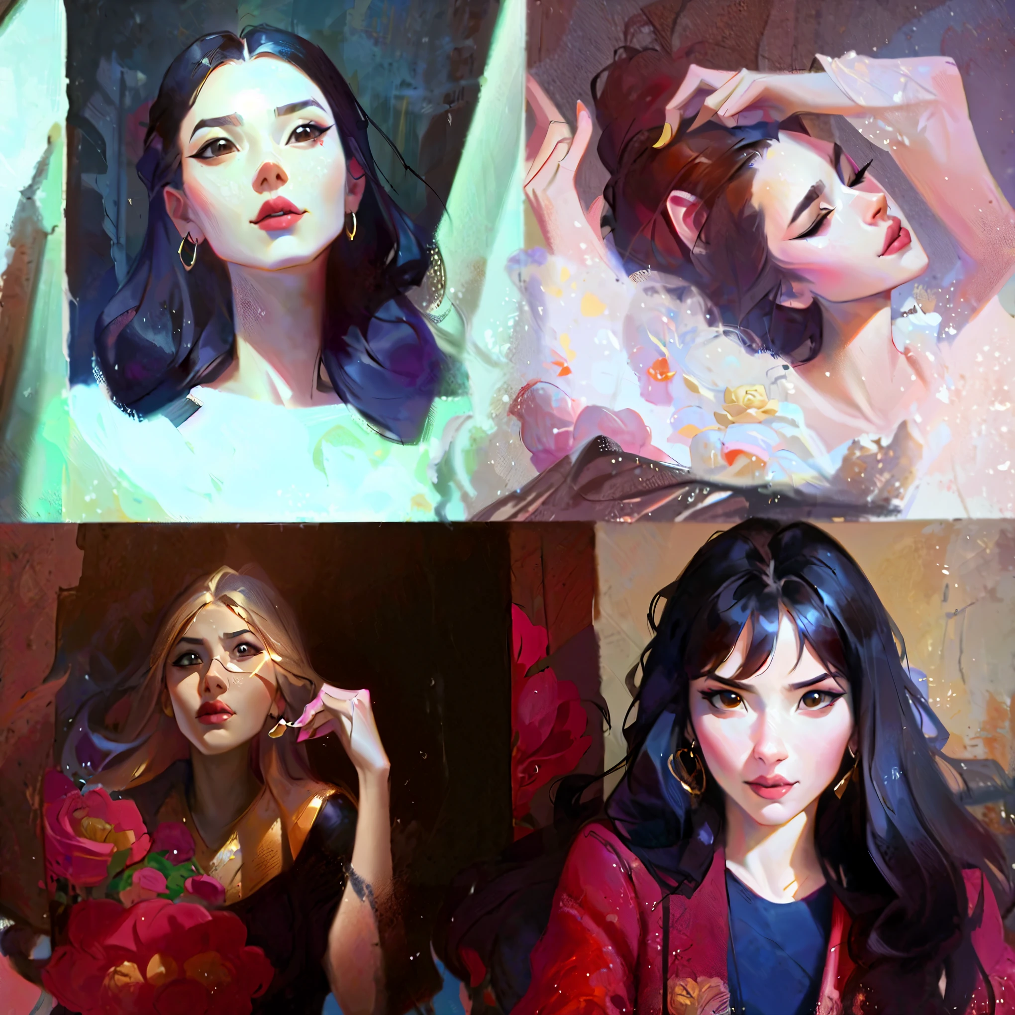 (Obra de arte, melhor qualidade:1.2), lolsplashart, four paintings portraits of 1 girl, hyper detailed painting, in sweetpaint style