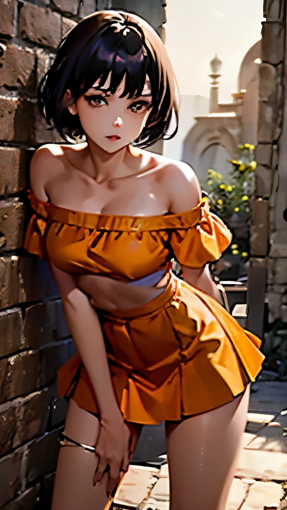 girl bending forward, orange clothes, tulle skirt, one-shoulder blouse, desert ruins, lustrous dark skin