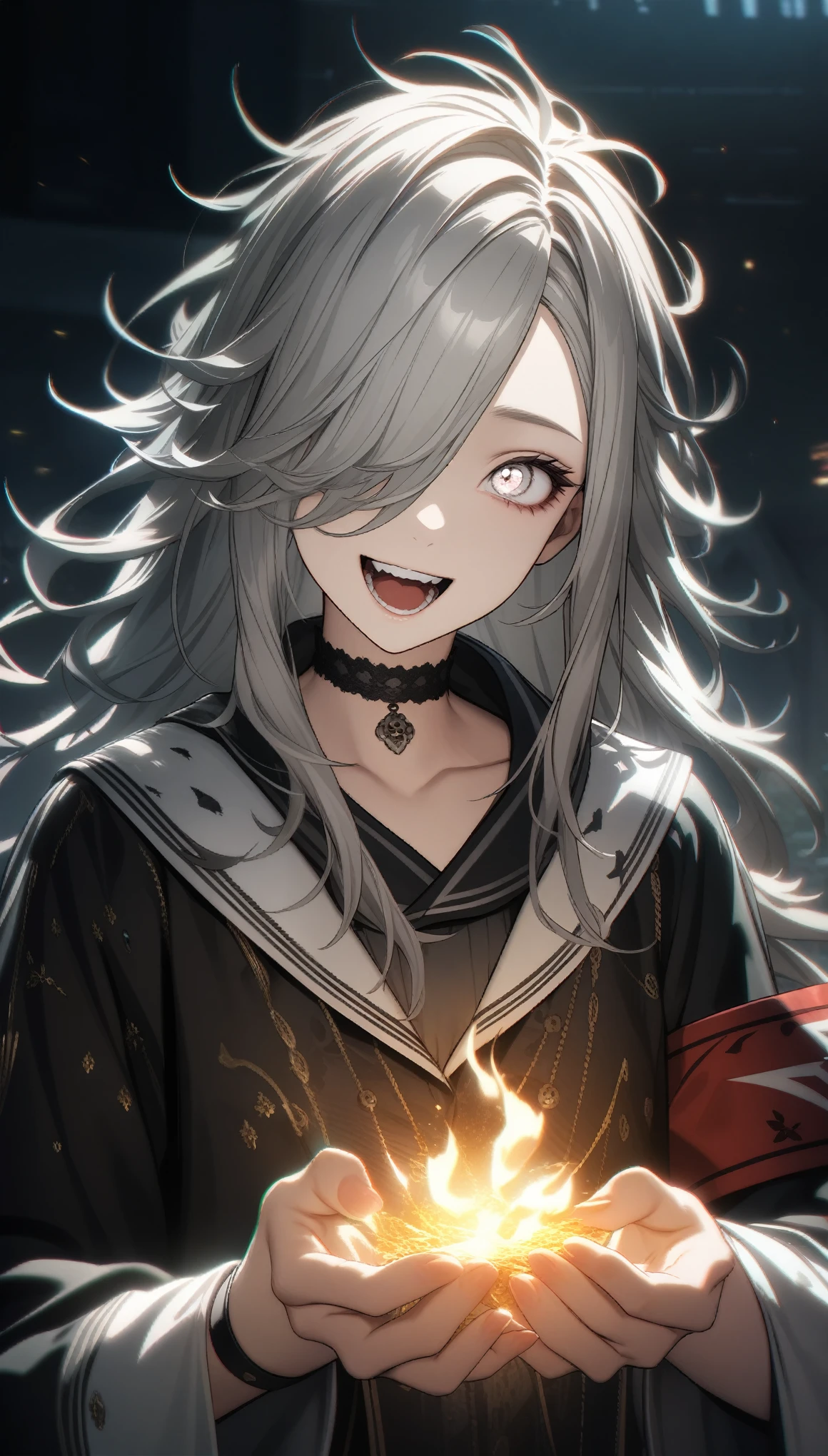 32k, best quality, ultra high res, HDR, UHD, extremely detailed CG, unity 32k wallpaper, highest quality, Intricate details, chromatic aberration, One girl, Long Hair, Gray Hair, Messy Hair, White highlights, Hair on one eye, White eyes, Sharp eyes, choker, Armband, Laugh eerily, White flames in my hands,